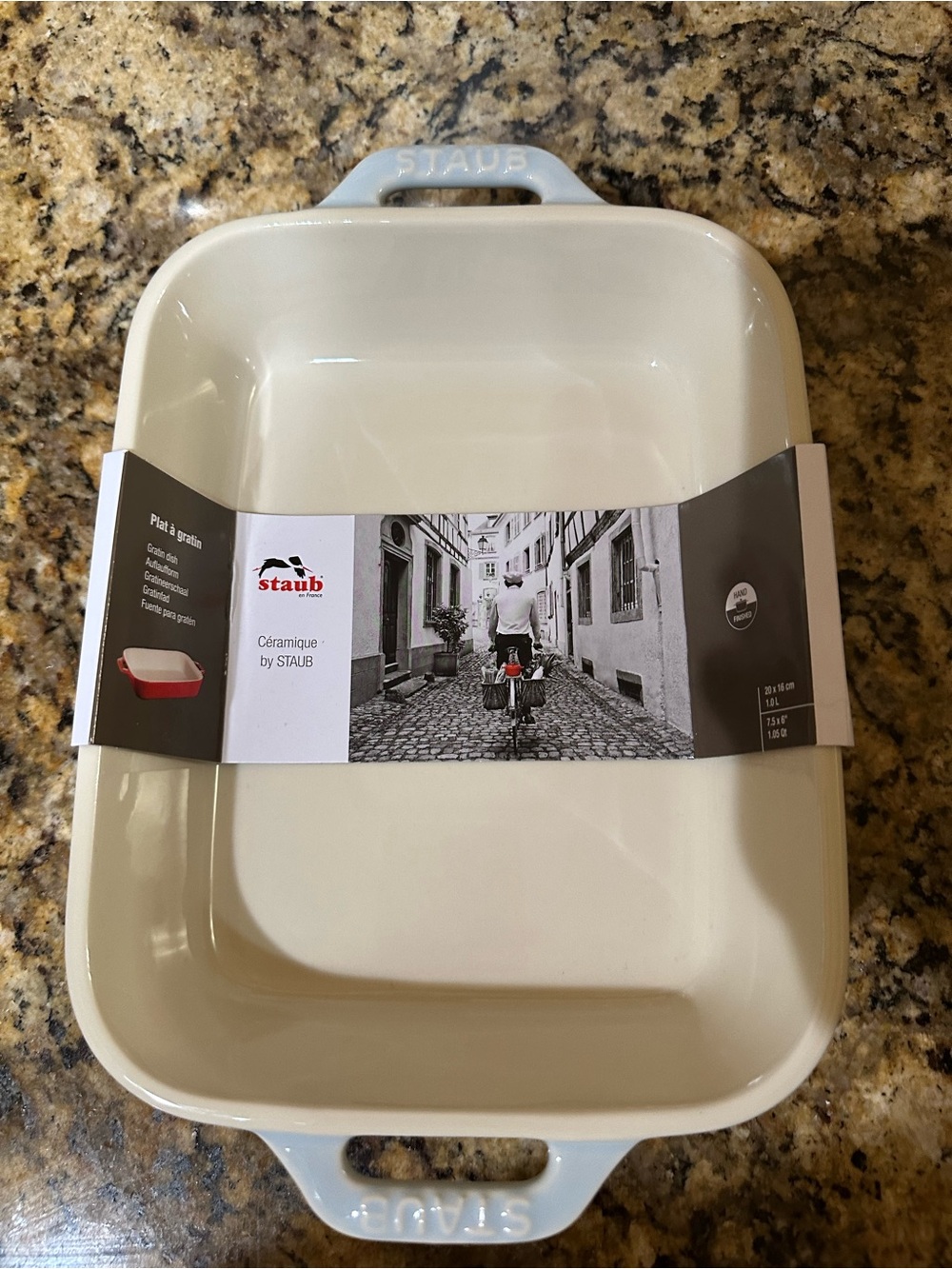Staub Cream Ceramic Rectangular Bake Dish with Light Blue Handles